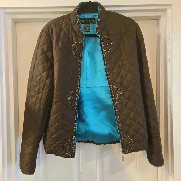 VTG Silkland 100% Silk Beaded Full Zip Quilted Jacket Brown Green Size Medium - Picture 3 of 8